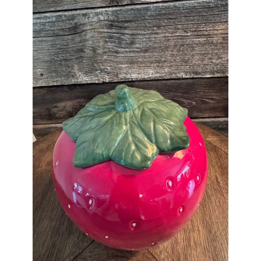 Large Ceramic Strawberry Cookie Jar Red Kitschy Kitchen Decor Storage Canister